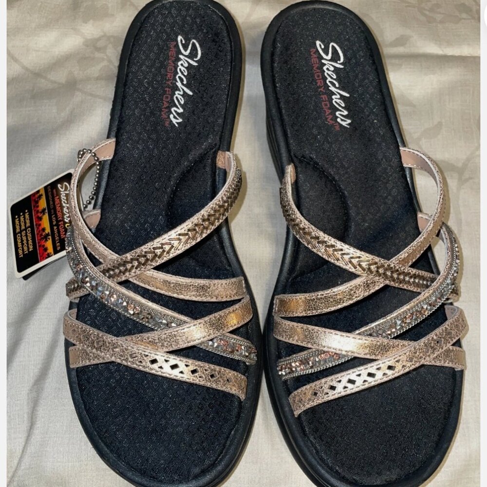 Skechers Cali Memory Foam Rumble Wave New Lassie Rose Gold Wedge Sandal Size 10
